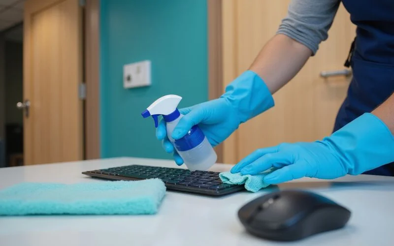 Désinfection minutieuse des points de contact dans un espace professionnel