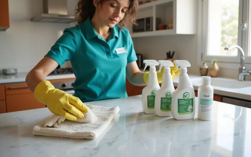 Femme de ménage professionnelle utilisant des produits écologiques certifiés pour un nettoyage en profondeur à Marseille