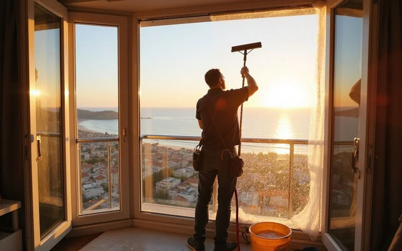 Professionnel nettoyant des baies vitrées avec la technique à la raclette à Marseille
