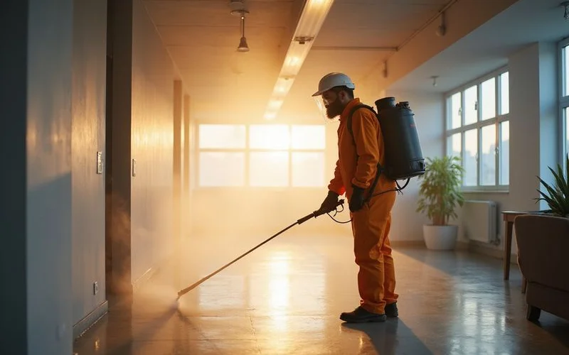 Technicien réalisant une désinfection professionnelle dans des bureaux à Marseille